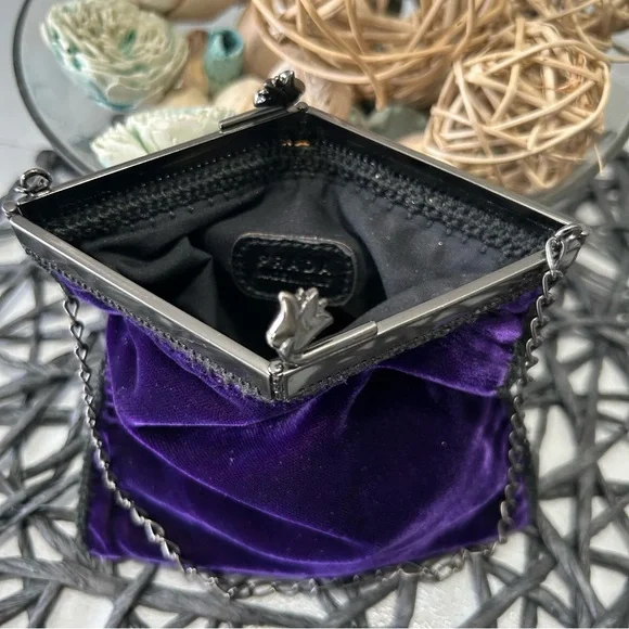 PRADA Velvet Clutch Purse Chain Strap Tulip Kiss Lock: Deep Purple Small - Picture 11 of 17